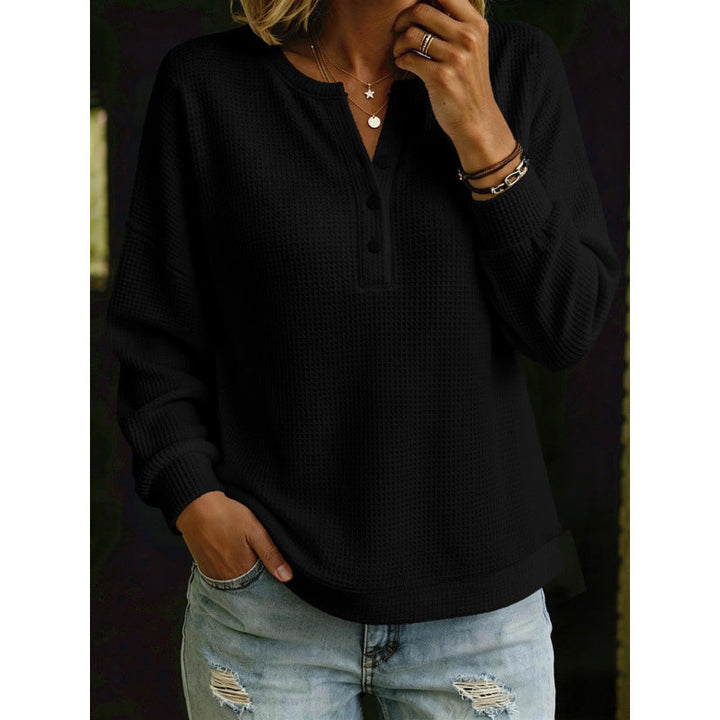 Women's Waffle Knit Henley Sweater with Oversized Cut