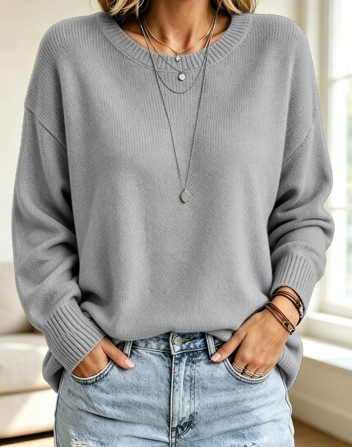 Women Light Cashmere-Touch Sweater with Round Neck, Dropped Shoulder and Ribbed Cuffs