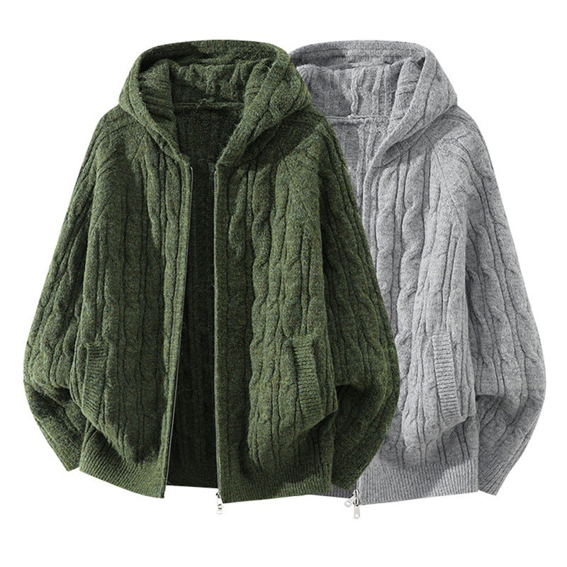 Women's Oversized Cable Knit Hooded Cardigan with Full Zip and Balloon Sleeves