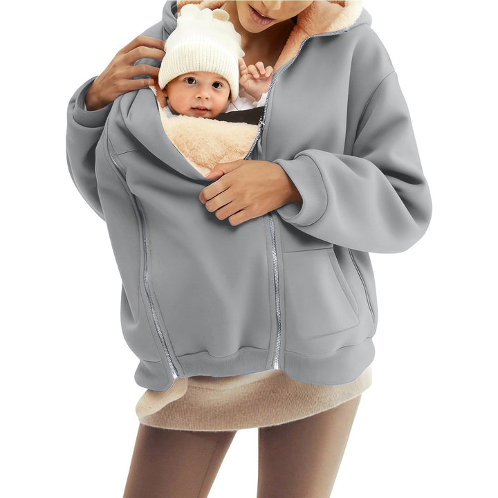 Women Baby Carrier Hoodie with Teddy Lining and Two-way Zipper