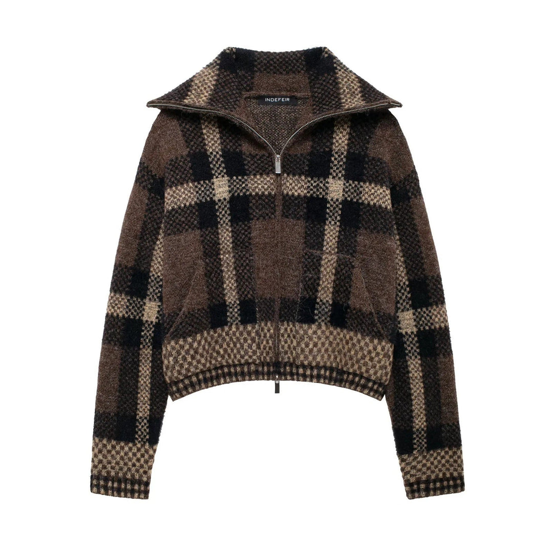 Women's Short Checked Melange Knit Sweater with Half Zipper Collar