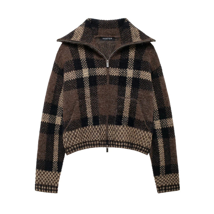 Women's Short Checked Melange Knit Sweater with Half Zipper Collar