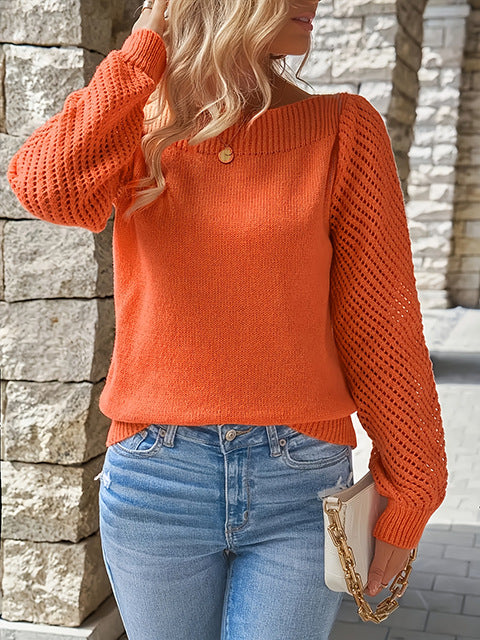 Women's Fine Knit Sweater with Ajour Puff Sleeves and Bateau Neckline