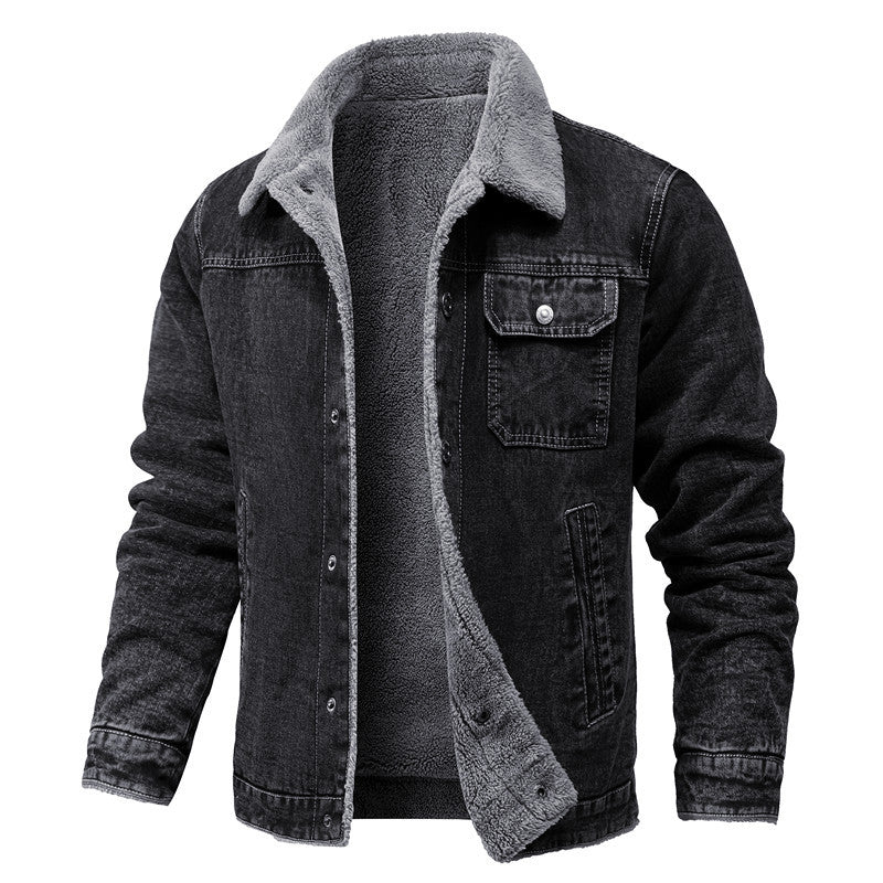 Men's Vintage Denim Jacket with Sherpa Lining, Shirt Collar and Functional Pockets