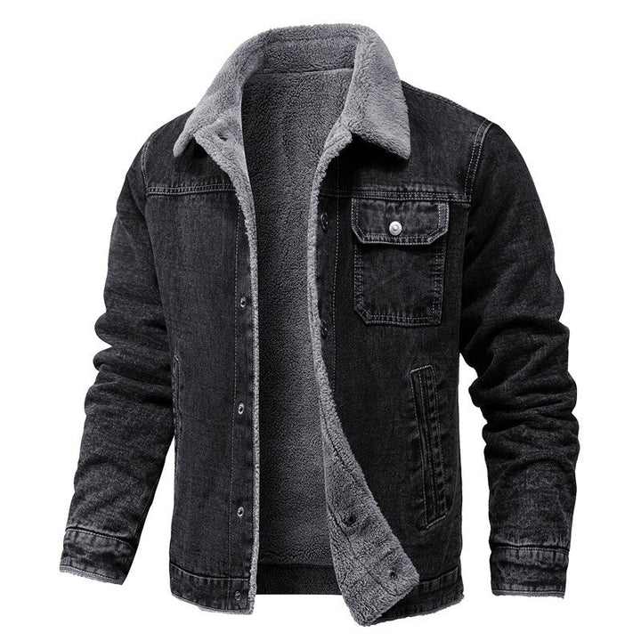 Men's Vintage Denim Jacket with Sherpa Lining, Shirt Collar and Functional Pockets