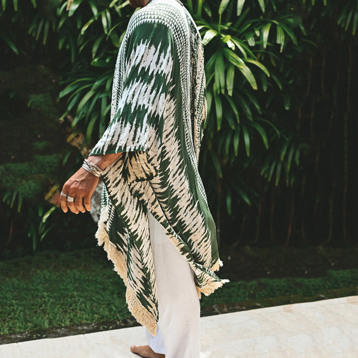 Men's Lightweight Beach Poncho in Kimono Style with Fringe