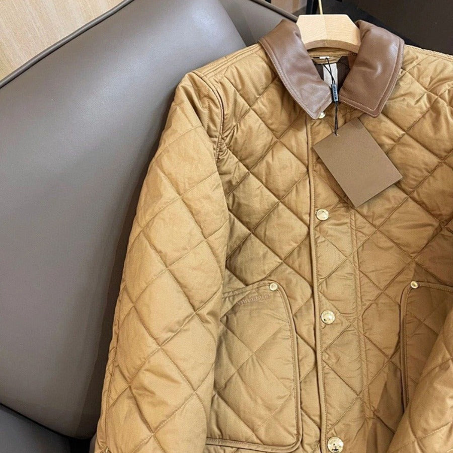 Women's Quilted Transitional Jacket with Leather Collar and Snap Button Closure