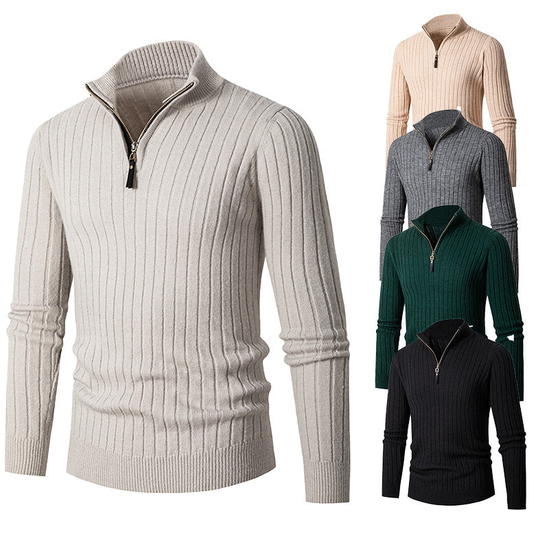 Men's Ribbed Turtleneck Sweater with Half Zipper and Stand-up Collar