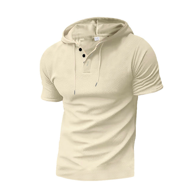 Men's Short Sleeve Hooded Polo with Three-button Placket and Fine Structured Jersey