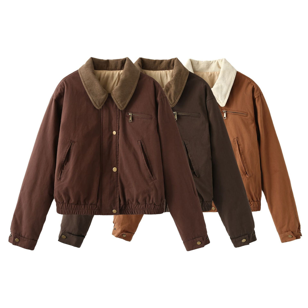 Women's Cropped Bomber Jacket with Corduroy Collar, Chest Zipper, and Elastic Drawstring Hem