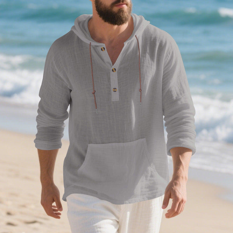 Men's Lightweight Hooded Henley made of Linen-cotton Blend with Kangaroo Pocket and Button Placket