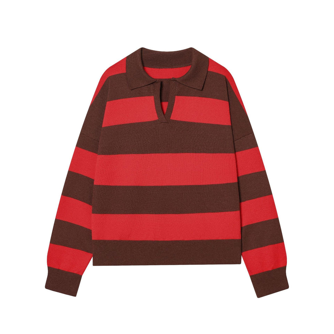 Women's Striped Fine Knit Polo Sweater with Button Placket, Ribbed Cuffs, and Light Wool Blend