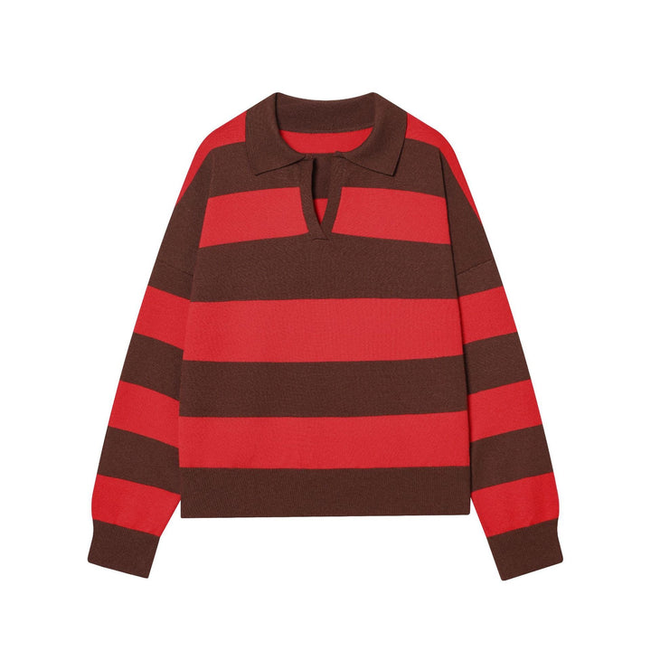 Women's Striped Fine Knit Polo Sweater with Button Placket, Ribbed Cuffs, and Light Wool Blend