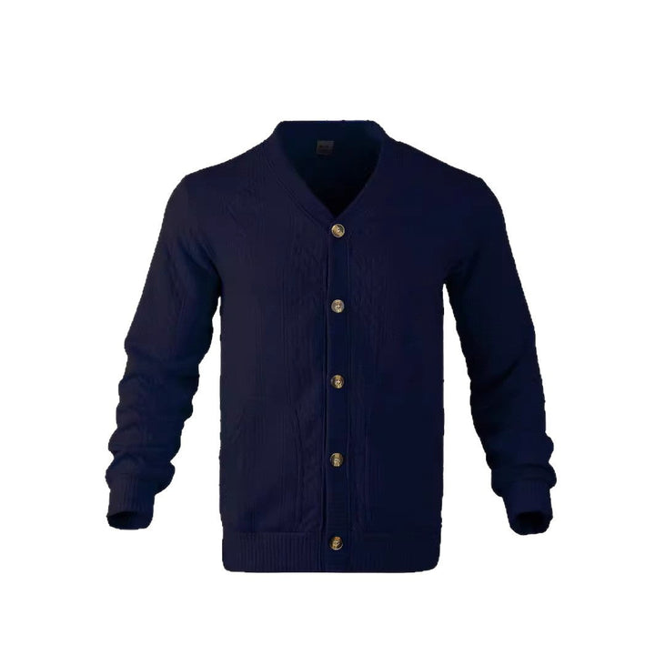 Men's Elegant Braided Knit Cardigan with V-neck Button Placket and Patch Pockets