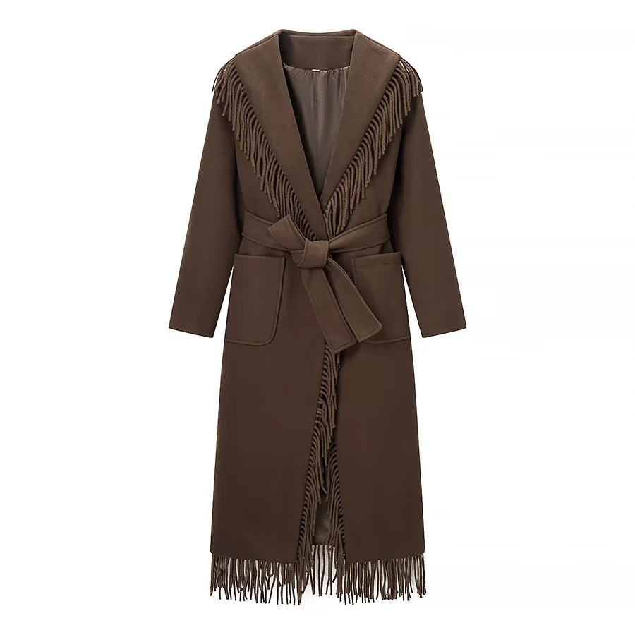 Women's Long Fringed Coat with Voluminous Shawl Collar, Waist Belt and Patch Pockets