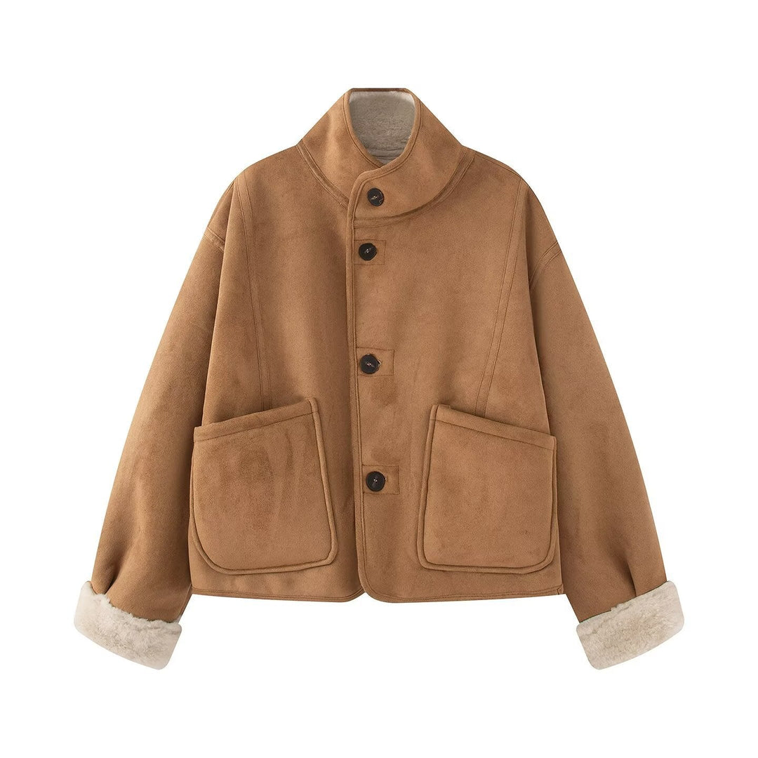Women's Short Sheepskin Look Jacket with Stand-Up Collar and Large Patch Pockets
