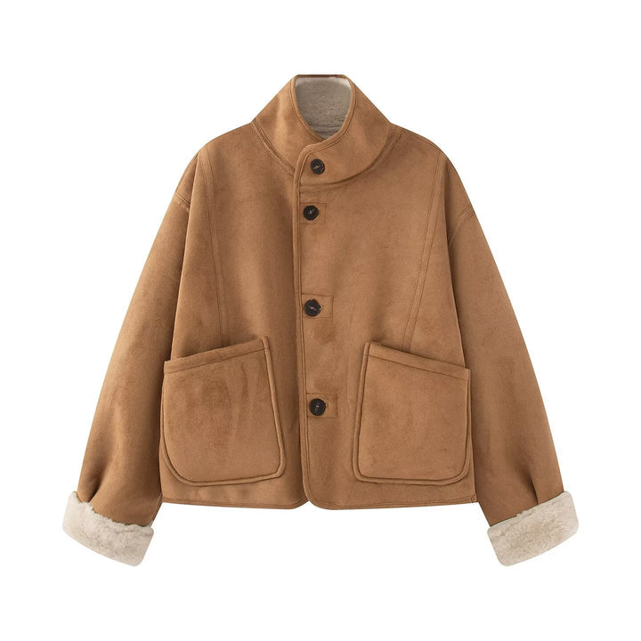 Women's Short Sheepskin Look Jacket with Stand-Up Collar and Large Patch Pockets