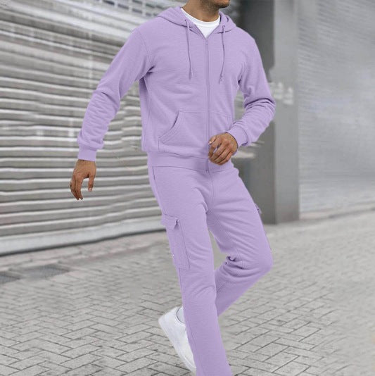Men's Sporty Zip Sweat Set with Cargo Joggers, Ergonomic Seams, and Ribbed Cuffs