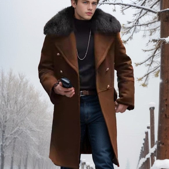 Men's Elegant Wool Jacket with Faux Fur Collar