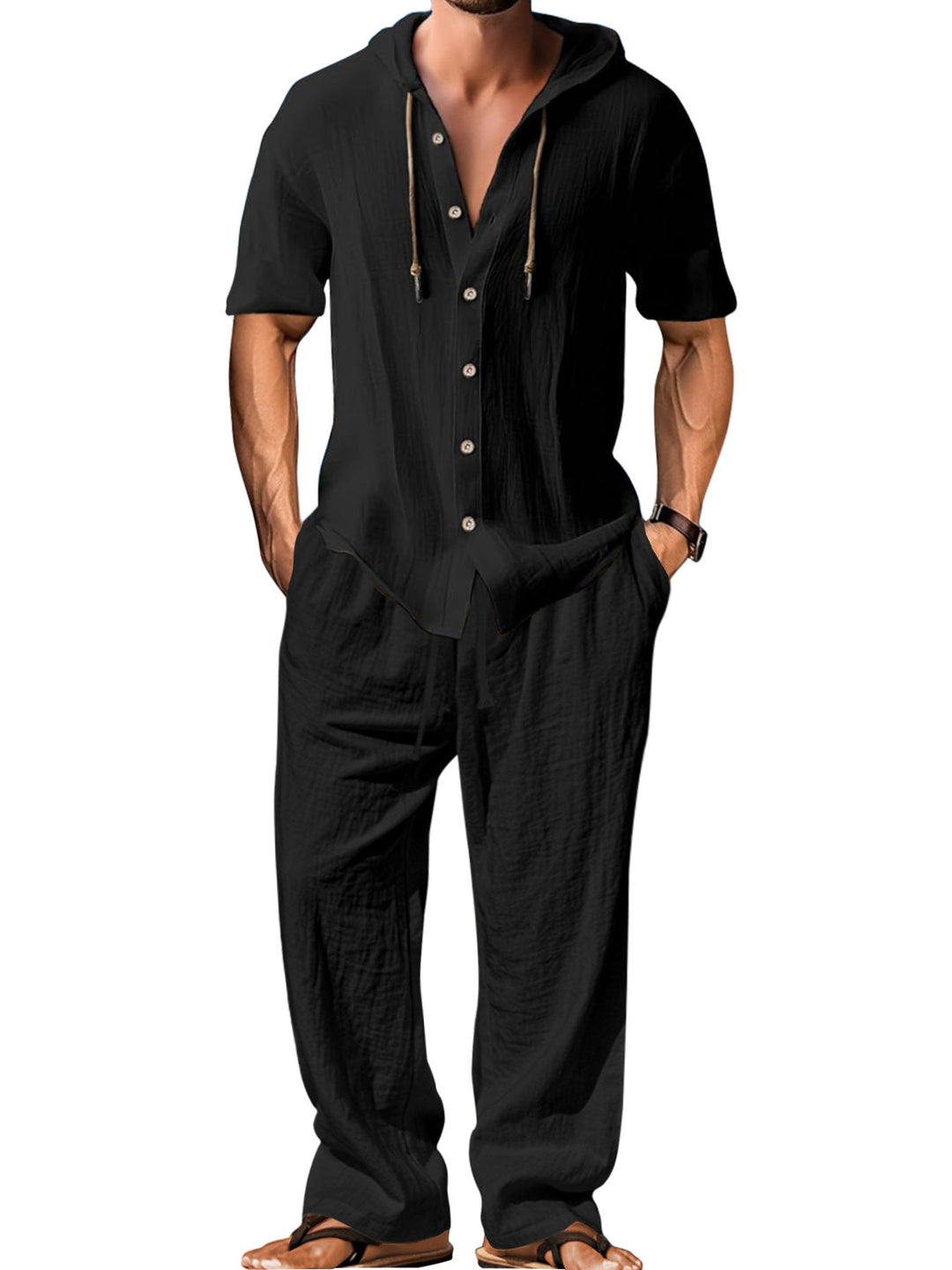 Men's Airy Linen Lounge Set with Short-sleeved Hoodie and Straight Relaxed Pants