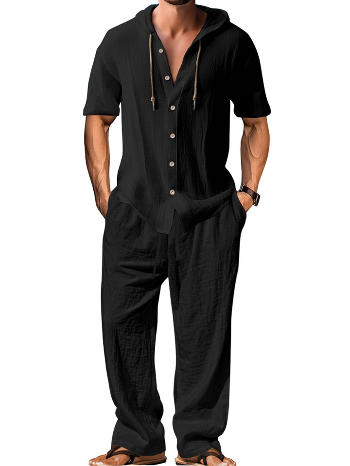 Men's Airy Linen Lounge Set with Short-sleeved Hoodie and Straight Relaxed Pants