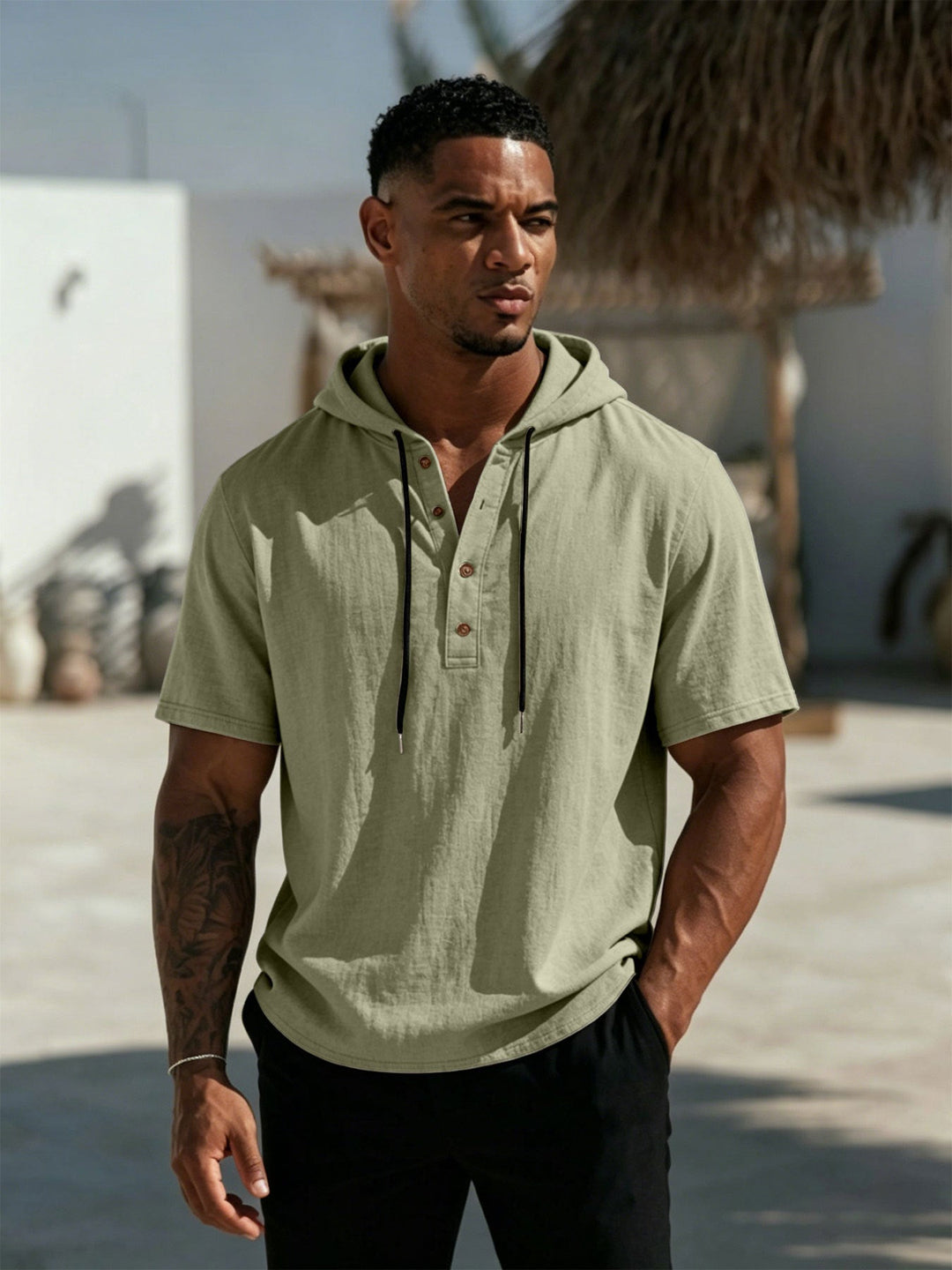 Men's Short Sleeve Hoodie Henley in Linen Look with Button Placket