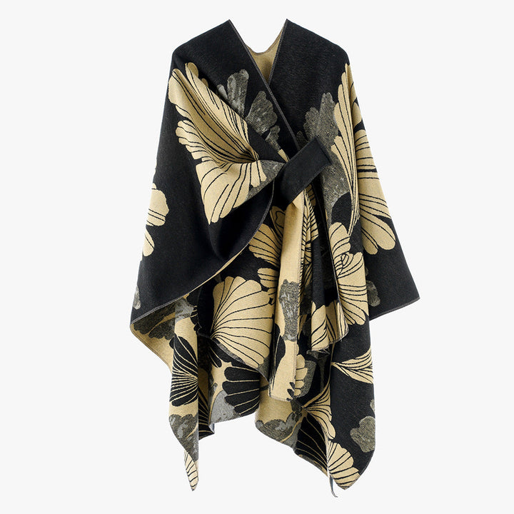 Women's Oversize Jacquard Cape made of Wool Blend with Floral Jacquard and Front Loop