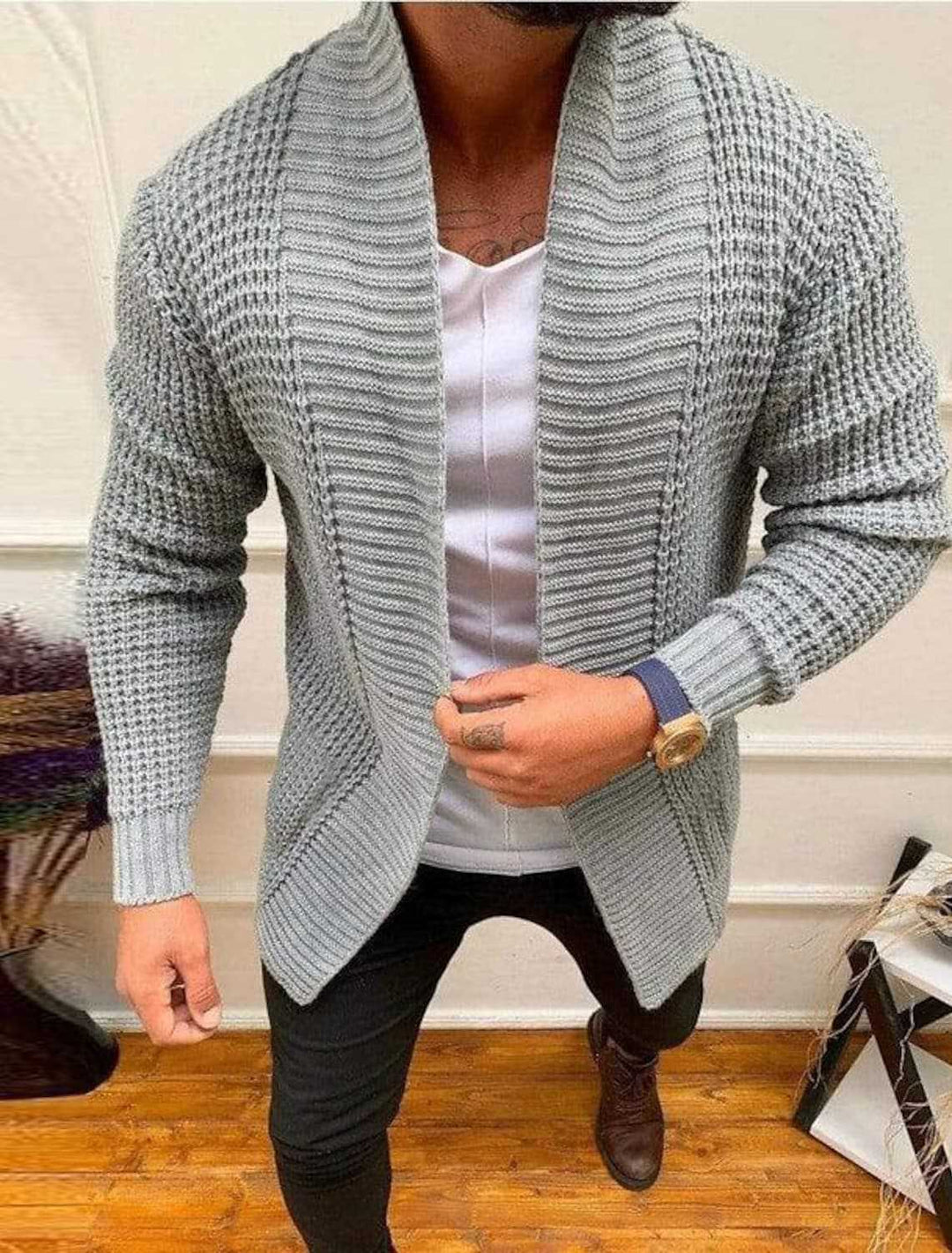 Men's Knitted Cardigan with Shawl Collar and Textured Waffle Pattern
