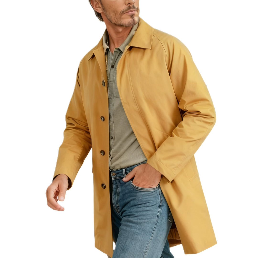 Men's Mid-length Car Coat with Lapel Collar and Concealed Button Placket