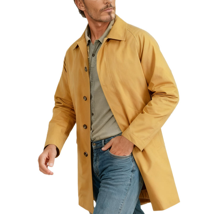 Men's Mid-length Car Coat with Lapel Collar and Concealed Button Placket