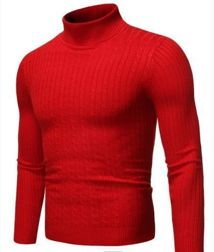 Men's Ribbed Turtleneck Sweater with Cable Knit Pattern and Form-fitting Slim-fit Silhouette