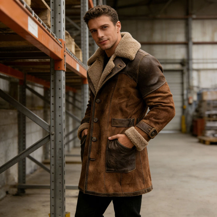 Men's Long Shearling Coat made of Suede with Leather Trim