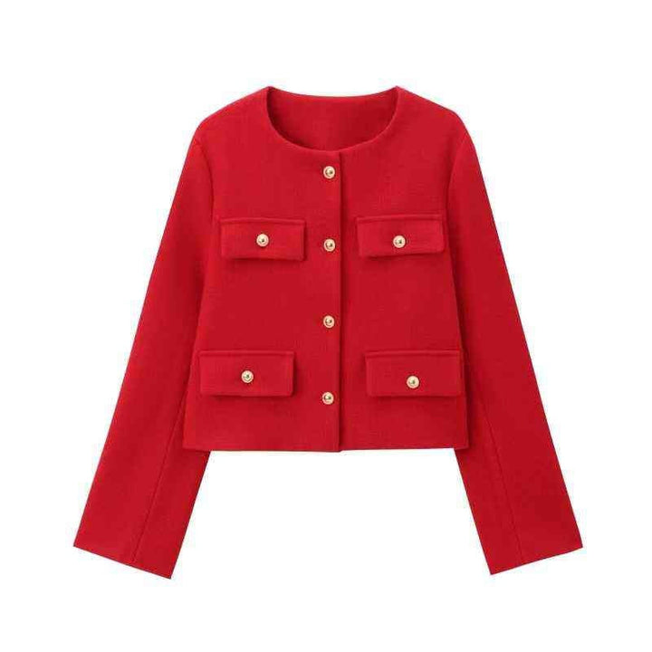Women's Short-cut Bouclé Tweed Jacket with Round Neckline Decorative Button Details and Attached Flap Pockets