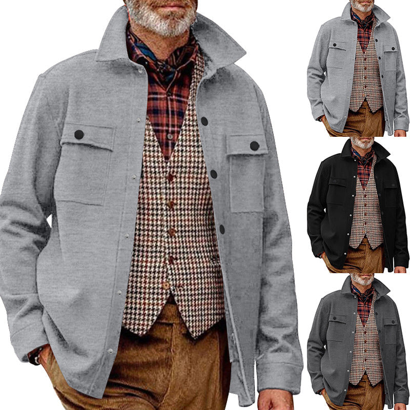 Men's Fleece Shirt Jacket with Two Chest Pockets and Stylish Stand-Up Collar