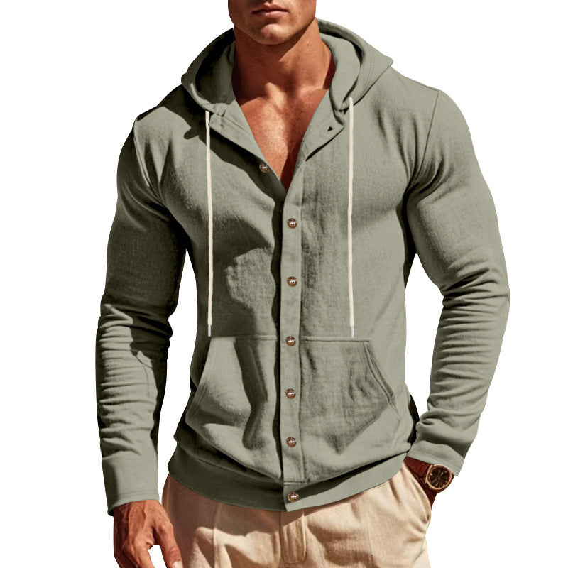 Men's Slim-fit Hoodie Cardigan with Full Button Placket, Mounted Kangaroo Pocket, and Lightweight Structured Knit