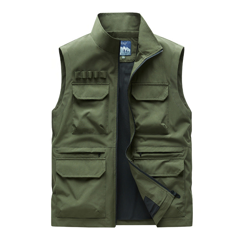 Men's Tactical Utility Vest with Modular Pocket Organizer, Concealed Zipper, and Reinforced Collar