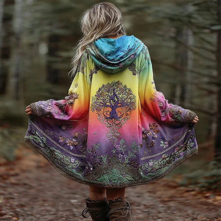 Women's Boho Hooded Coat in Swing Cut with Tree Motif and Gradient