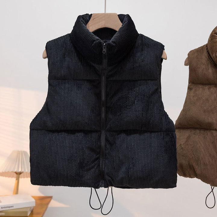 Women's Padded Cord Quilted Vest with Stand-up Collar and Drawstring