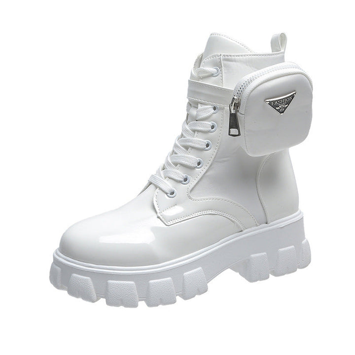 Women's Lace-up Mid-calf Boot in Utility Style with Detachable Mini Pouch and Platform Profile Sole