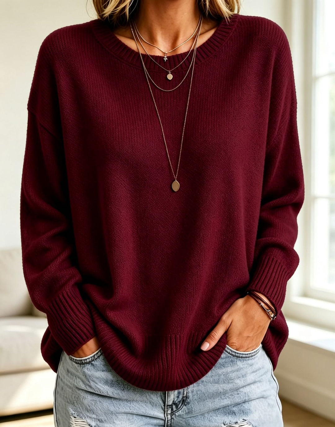 Women Light Cashmere-Touch Sweater with Round Neck, Dropped Shoulder and Ribbed Cuffs