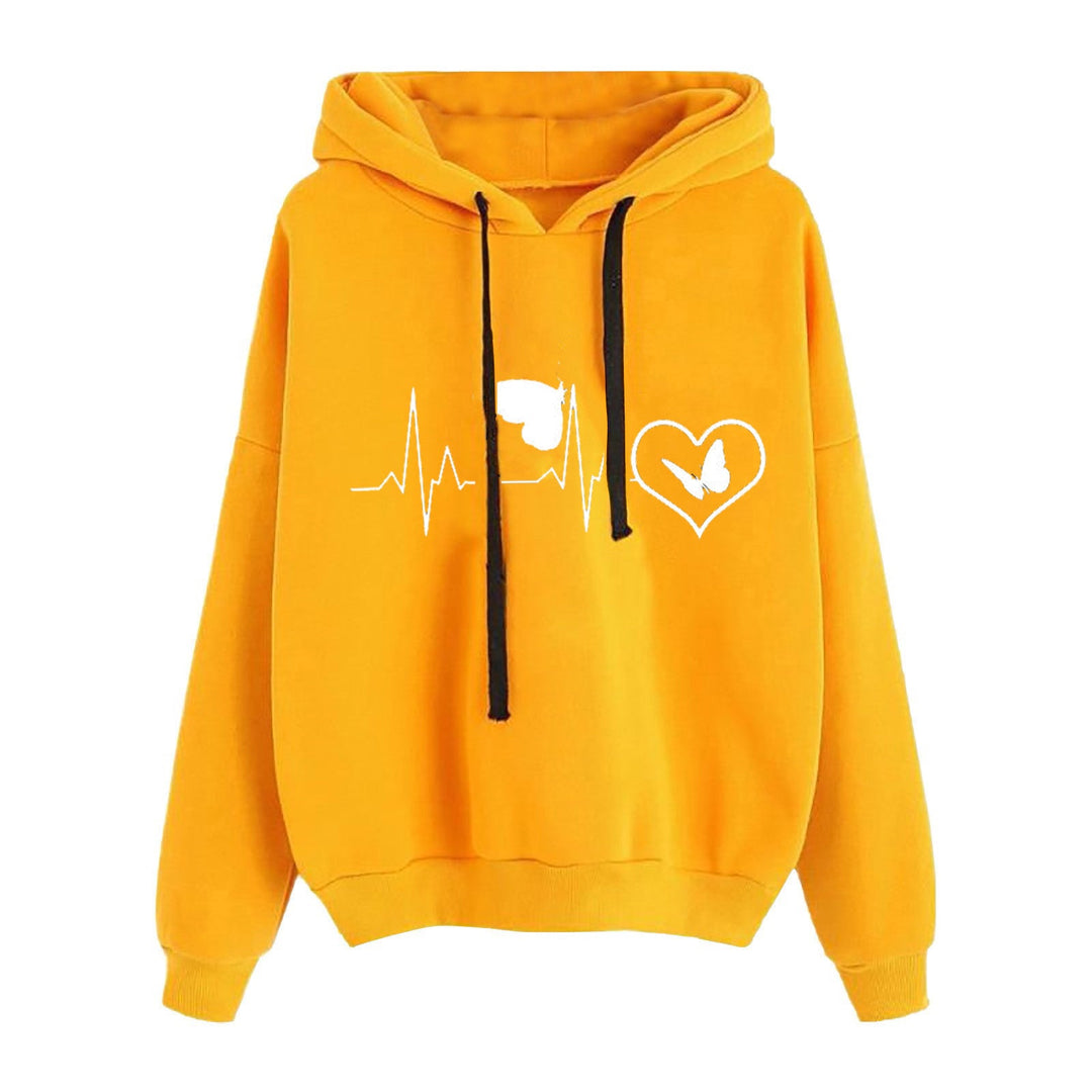Women Light Oversized Hoodie with Heart EKG Motif, Long Cords and Elastic Cuff
