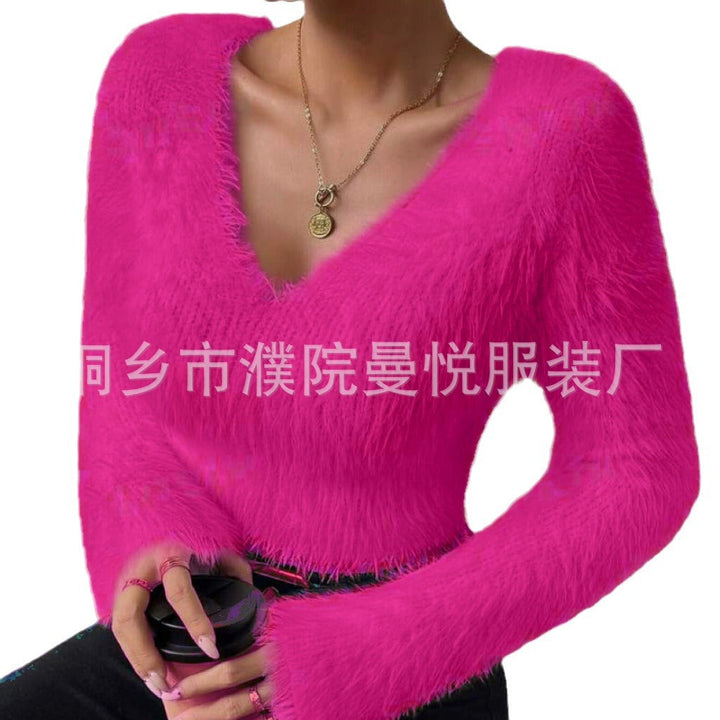 Women's Fluffy Crop Sweater with V-Neck and Eyelash Structure