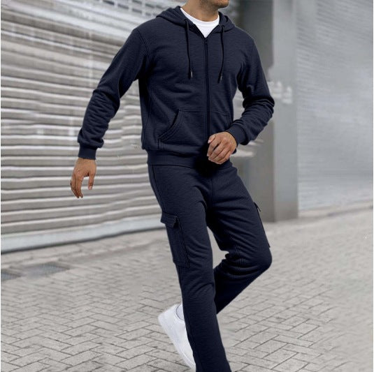Men's Sporty Zip Sweat Set with Cargo Joggers, Ergonomic Seams, and Ribbed Cuffs