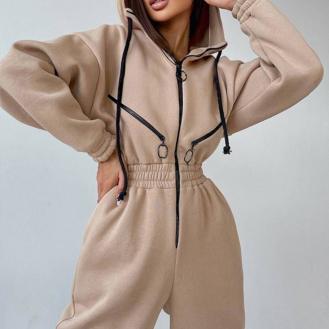 Women's Tailored Hooded Sweat Jumpsuit with Zipper and Elastic Waistband
