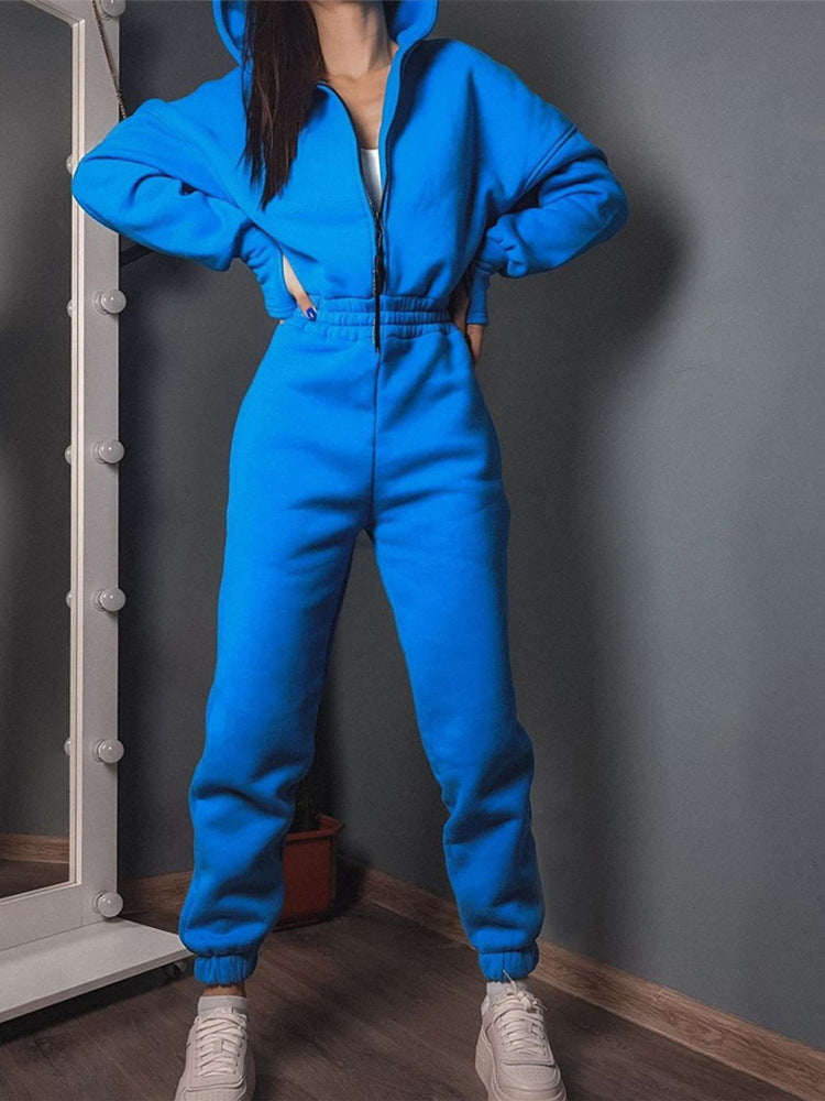 Women's Tailored Hooded Sweat Jumpsuit with Zipper and Elastic Waistband