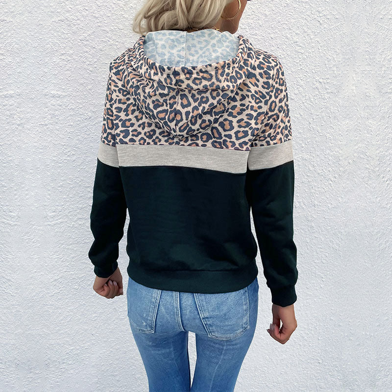 Women's Hoodie with Leopard Print, Color Block Insert and Kangaroo Pocket