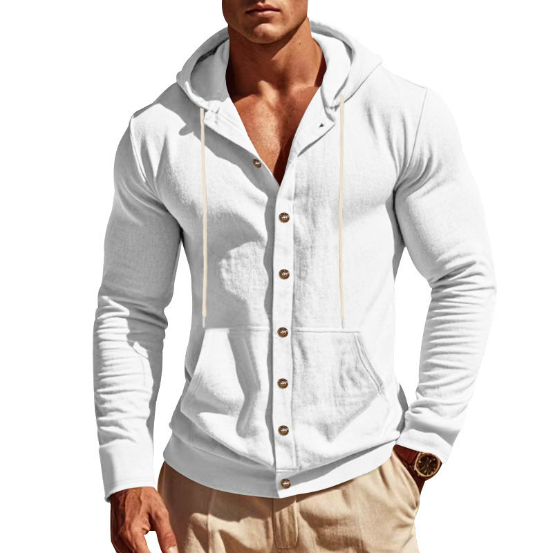 Men's Slim-fit Hoodie Cardigan with Full Button Placket, Mounted Kangaroo Pocket, and Lightweight Structured Knit