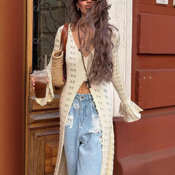 Women Long Crochet Knit Cardigan with Bell Sleeves and Open Front