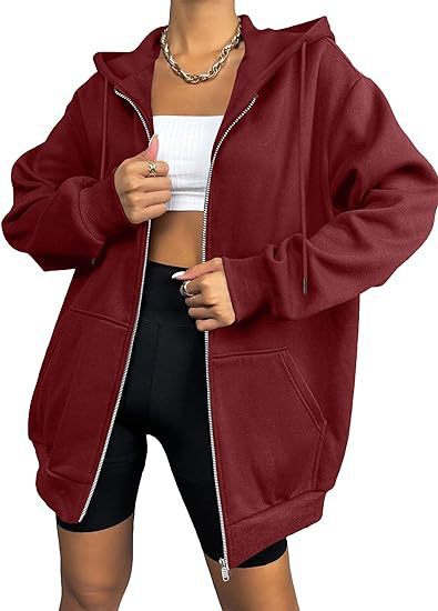 Women's Oversized Zip Hoodie with Contrasting Zipper, Double-layered Hood and Kangaroo Pocket