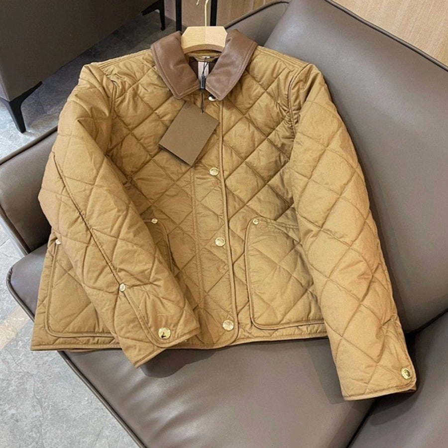 Women's Quilted Transitional Jacket with Leather Collar and Snap Button Closure
